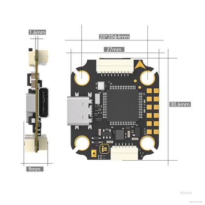 The iFlight Borg F7 Mini Flight Controller measures 30.6mm x 27mm in size.
