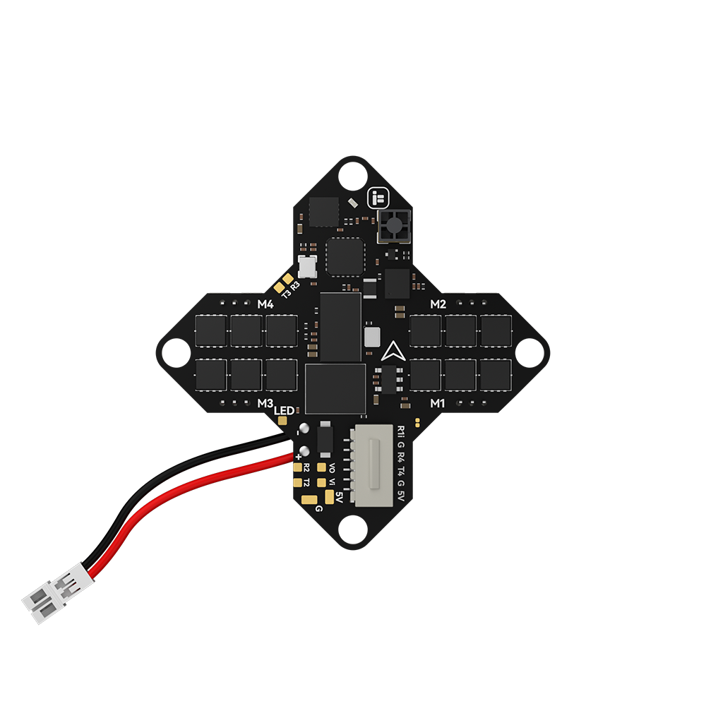 iFlight Borg G4 1S AIO flight controller board with labeled M1–M4 motor pads and plug-in power lead