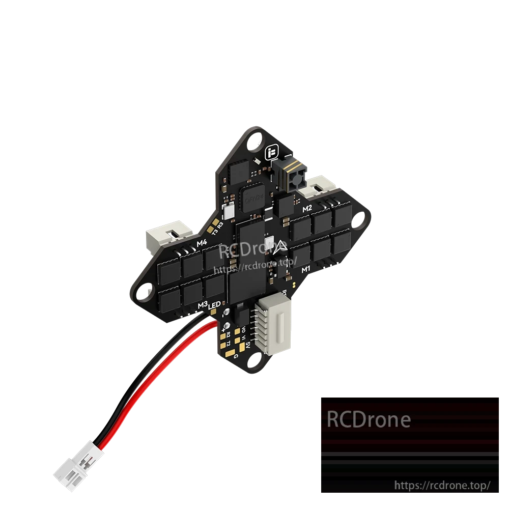 iFlight Borg G4 1S AIO flight controller board with labeled M1–M4 motor pads and a battery lead connector