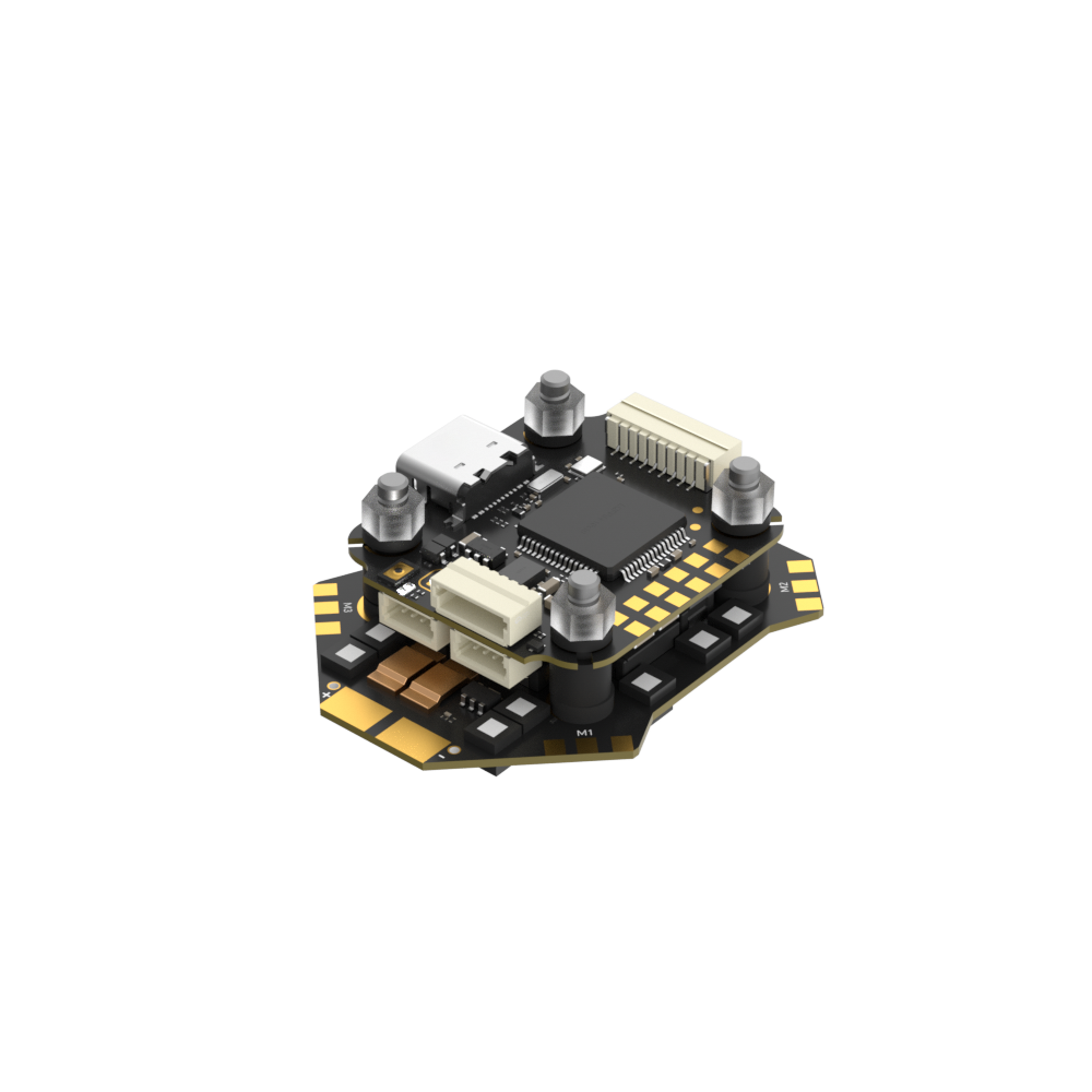 iFlight Borg Mini F7 FPV stack with 20x20 mounting, USB-C port, and plug-in connectors on compact board