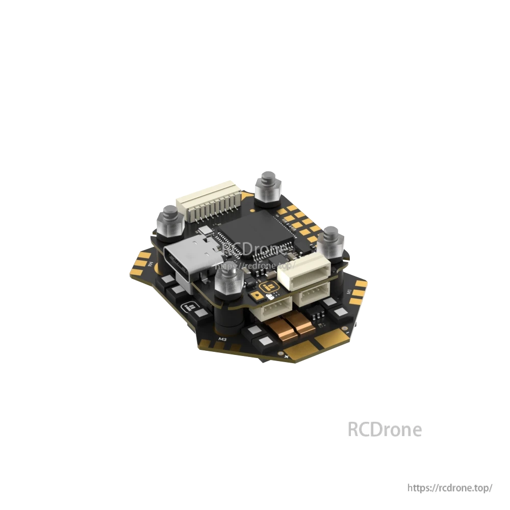iFlight Borg Mini F7 FPV 20x20 stack with stacked boards, USB-C port, and multiple plug-in connectors