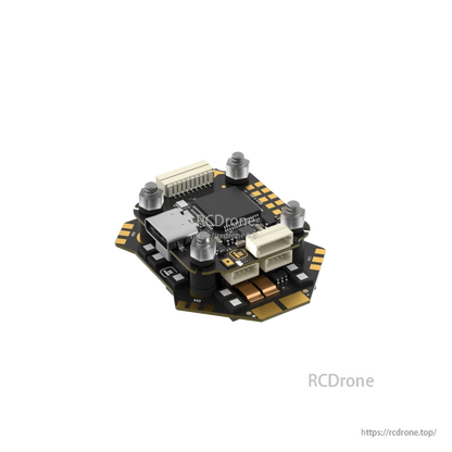 iFlight Borg Mini F7 FPV 20x20 stack with stacked boards, USB-C port, and multiple plug-in connectors