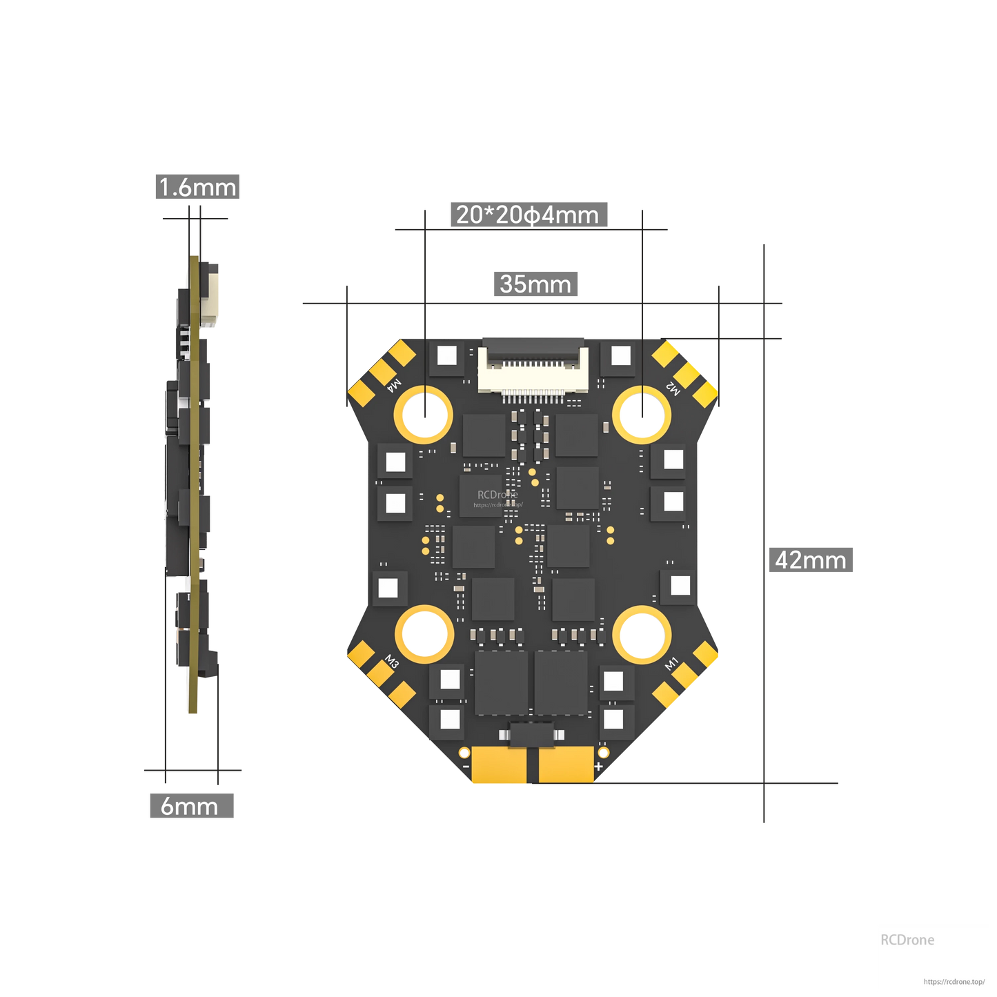 iFlight Borg Mini FPV stack board with 20x20mm mounting holes, motor pads, and 42mm overall board size
