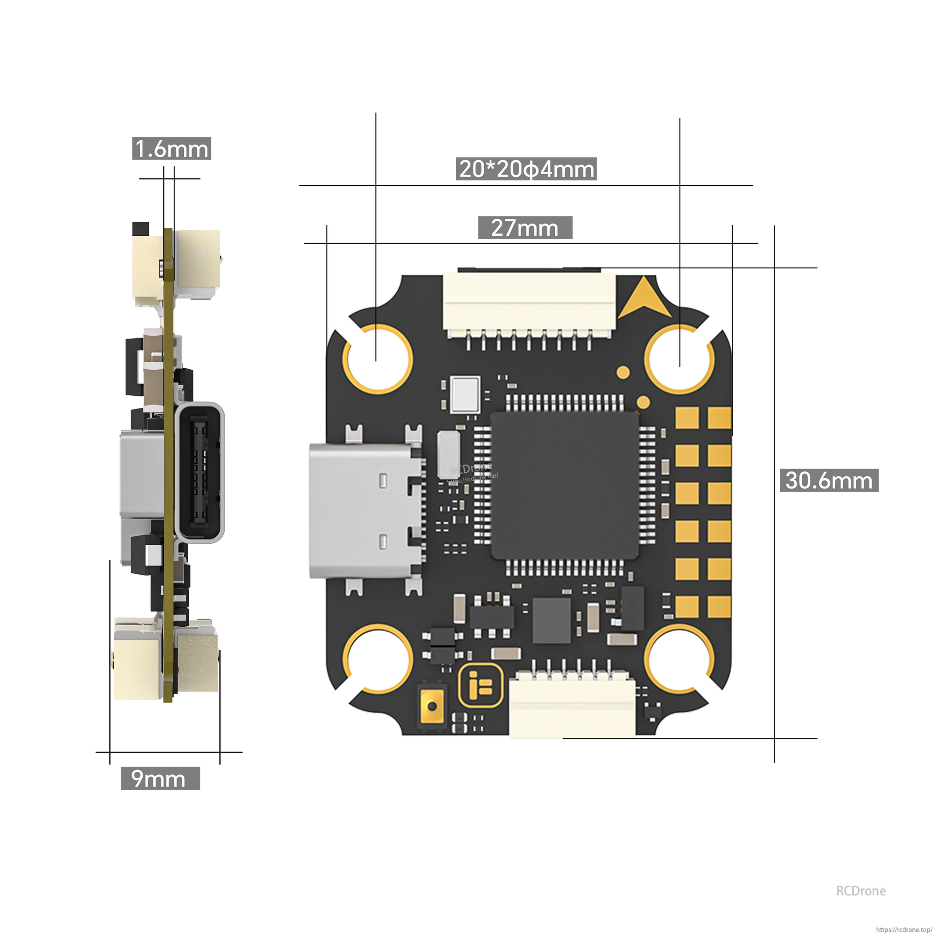 iFlight Borg Mini F7 FPV flight controller board with USB-C port and 20x20 mounting holes, dimensioned layout