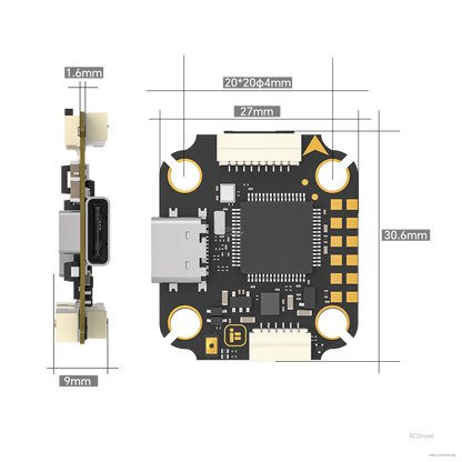 iFlight Borg Mini F7 FPV flight controller board with USB-C port and 20x20 mounting holes, dimensioned layout