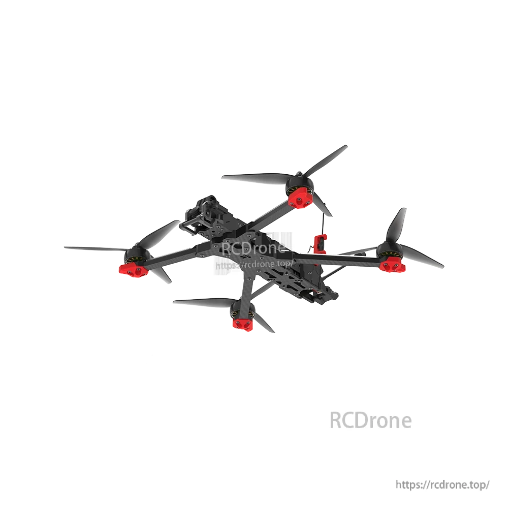 iFlight Chimera7 Pro V2 6S Analog FPV, iFlight Chimera7 Pro V2 analog FPV quadcopter with carbon fiber frame, four propellers, and red motor mounts