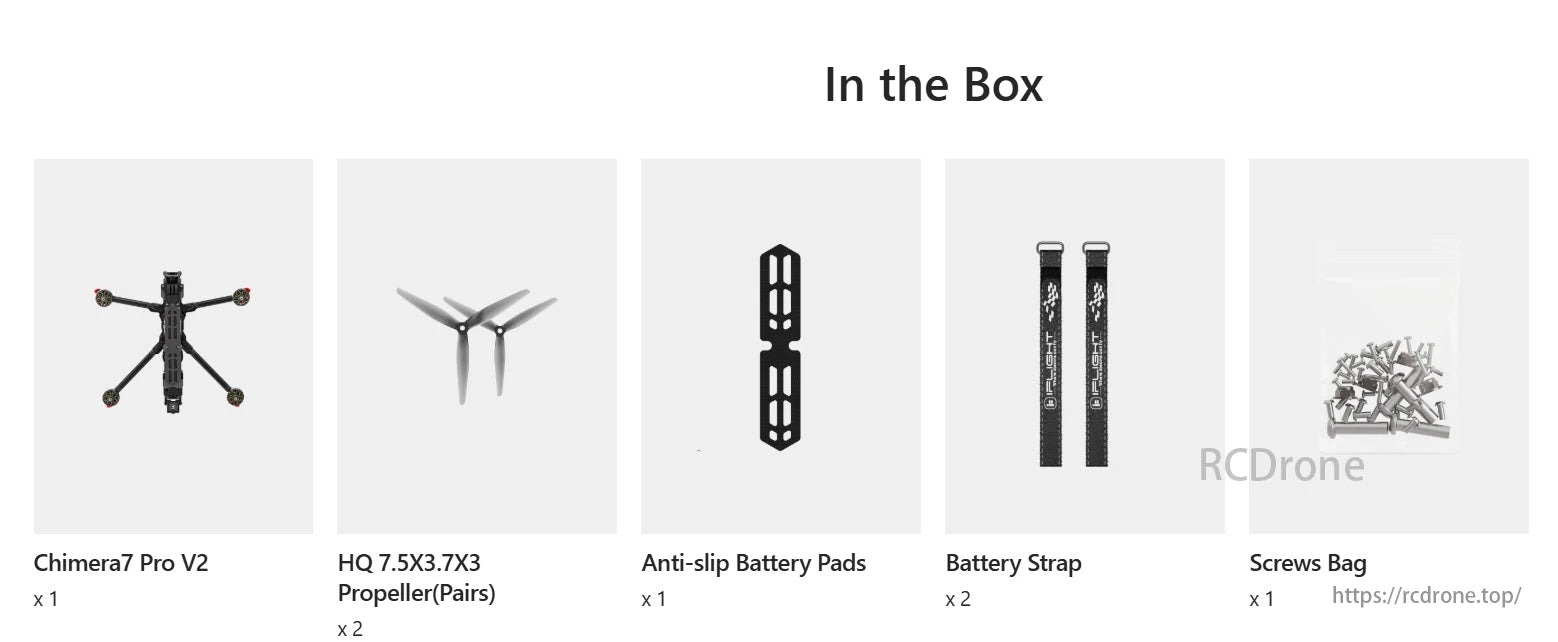 iFlight Chimera7 Pro V2 Drone, Chimera7 Pro V2 drone kit includes HQ propellers, anti-slip battery pads, battery straps, and a screws bag.