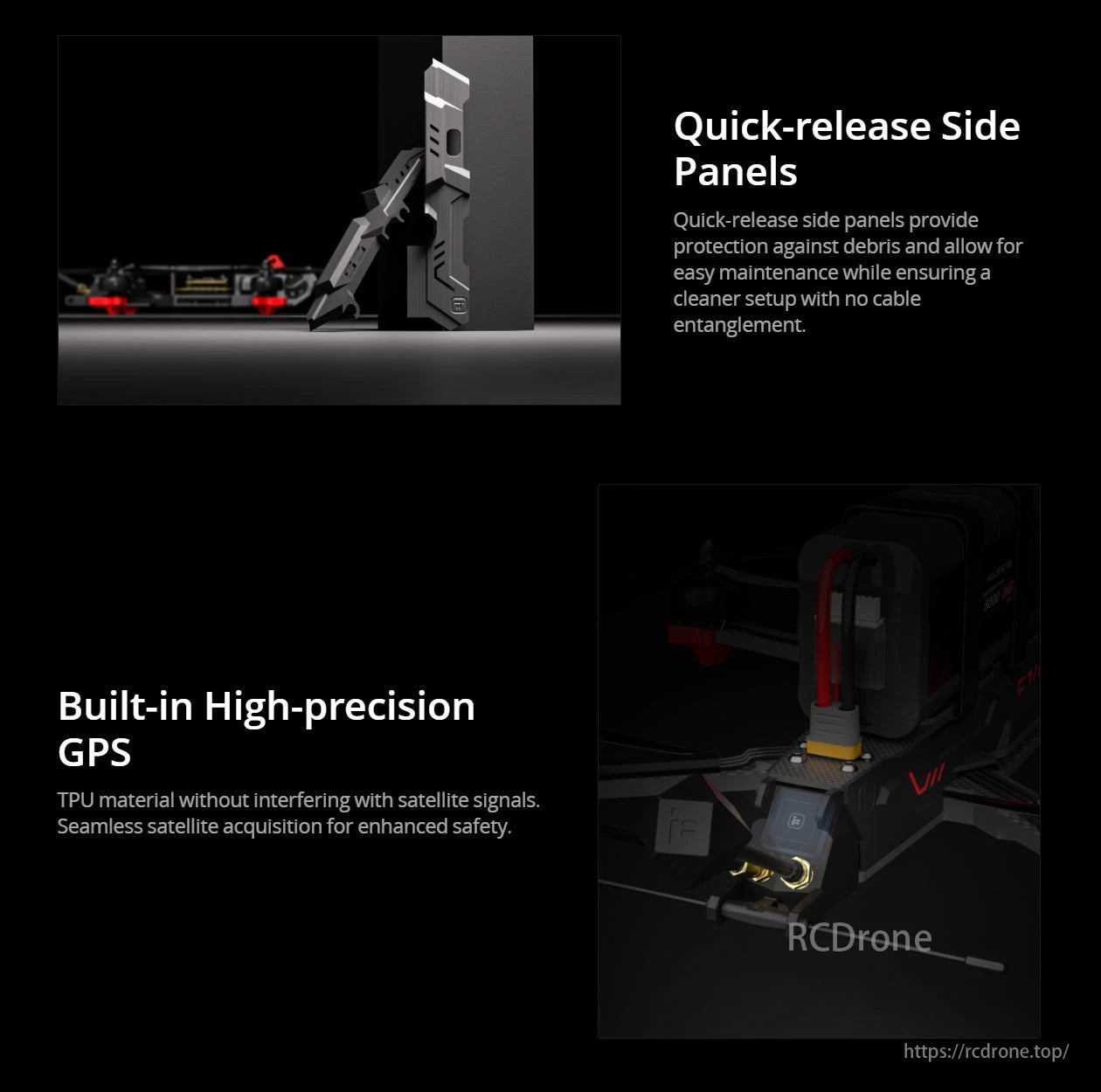 iFlight CineFlow 5 FPV Drone, Side panels protect and ease maintenance. Built-in high-precision GPS ensures safety with seamless satellite acquisition.