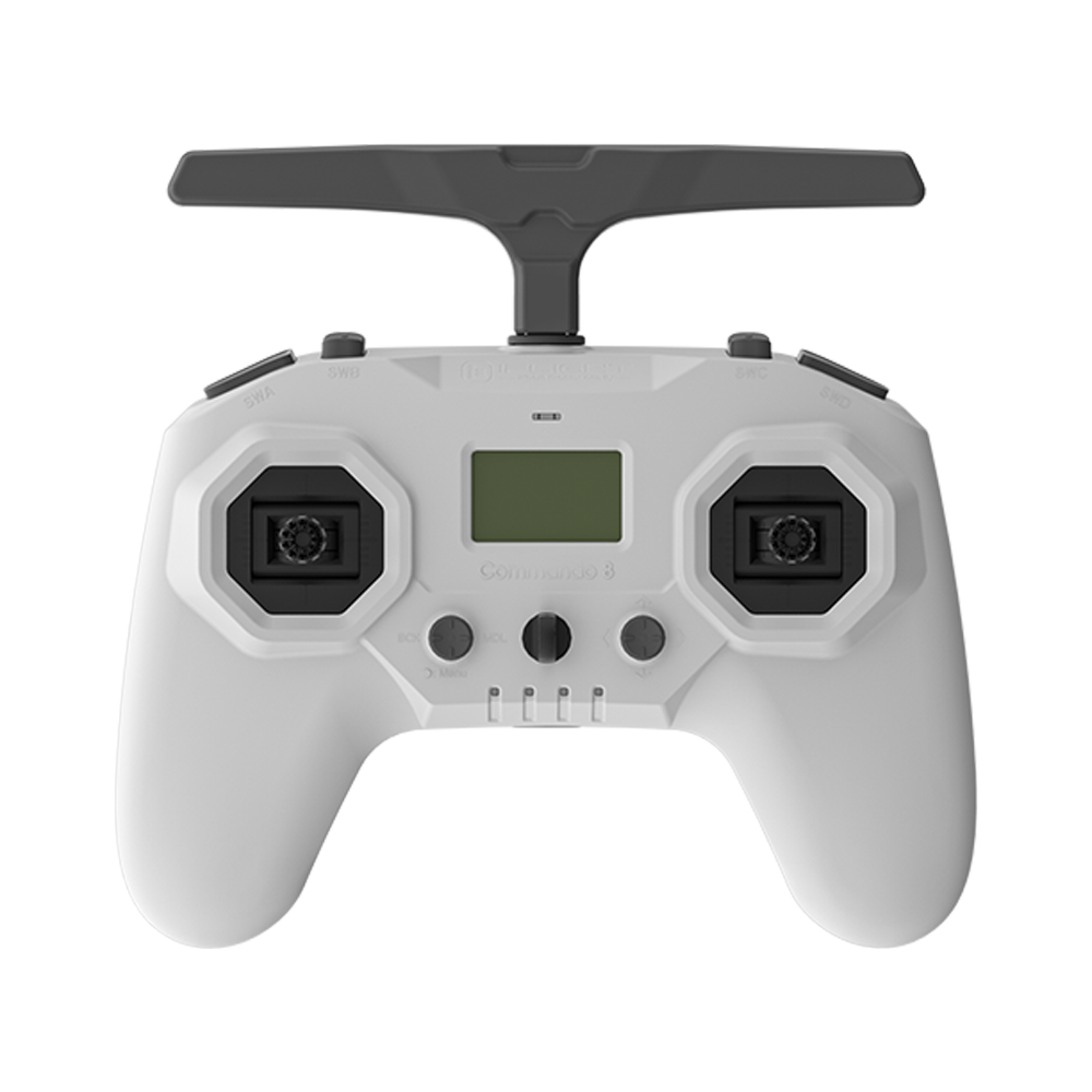 iFlight Commando 8 Pro radio transmitter in white with top antenna, dual gimbals, switches, and small display