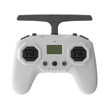 iFlight Commando 8 Pro radio transmitter in white with top antenna, dual gimbals, switches, and small display