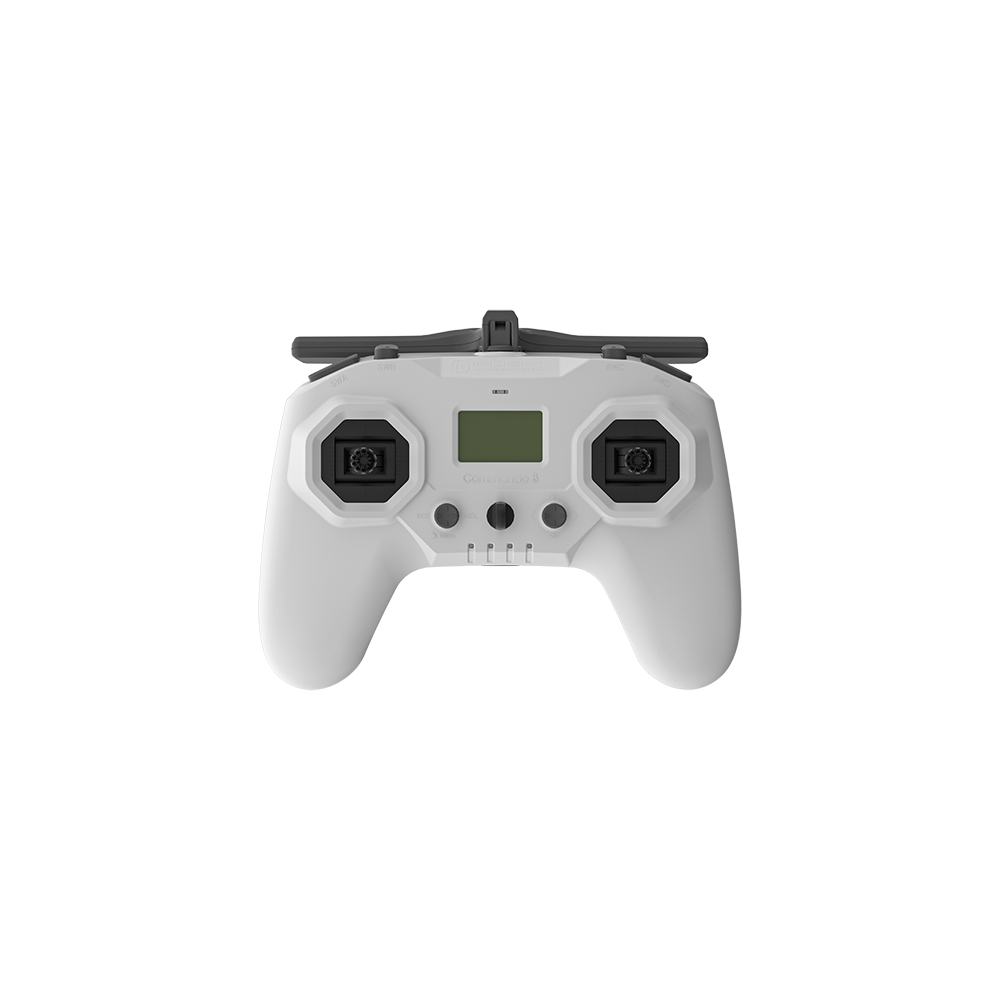 White iFlight Commando 8 Pro radio transmitter with dual control sticks, top switches, and center display screen