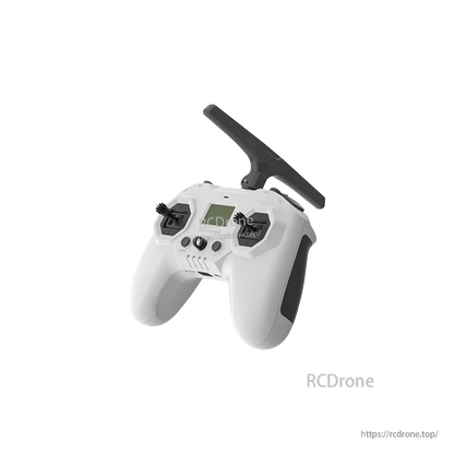 iFlight Commando 8 Pro radio transmitter in white with dual gimbals, front LCD screen, and top antenna