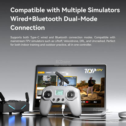 iFlight Commando 8 Pro Radio Transmitter, Commando 8 Pro-style FPV radio transmitter connected by USB-C to a laptop running a simulator, with Bluetooth note