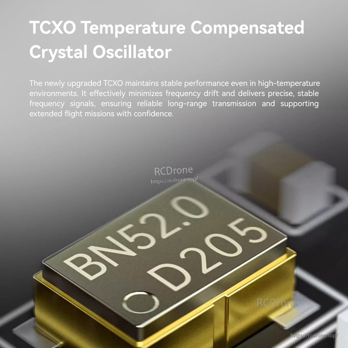 iFlight Commando 8 Pro Radio Transmitter, Graphic describing a TCXO temperature compensated crystal oscillator upgrade for the iFlight Commando 8 Pro transmitter