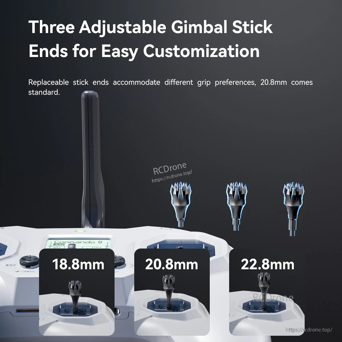iFlight Commando 8 Pro radio transmitter with three adjustable gimbal stick end lengths: 18.8mm, 20.8mm, 22.8mm
