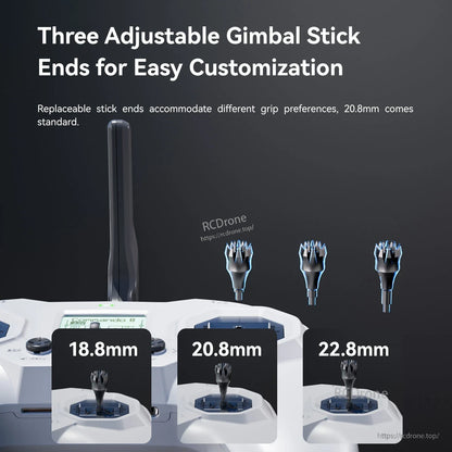 iFlight Commando 8 Pro radio transmitter with three adjustable gimbal stick end lengths: 18.8mm, 20.8mm, 22.8mm