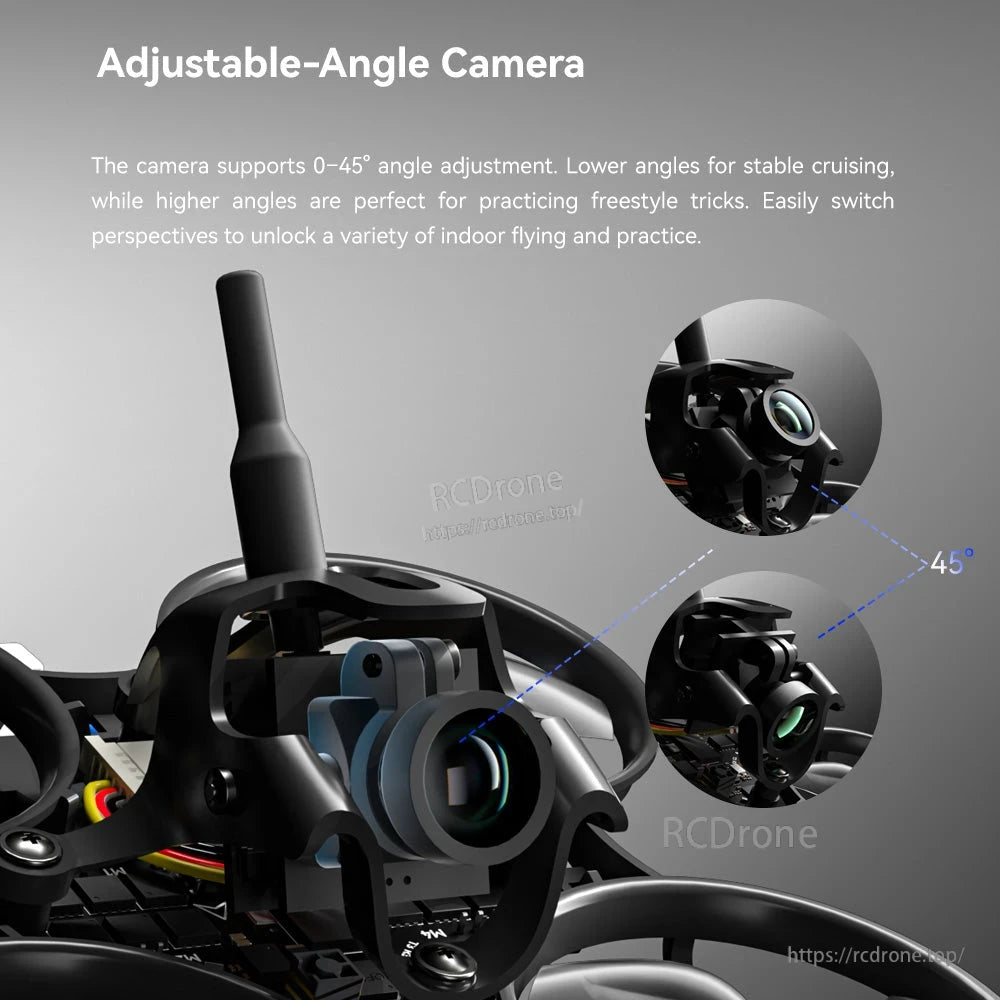 iFlight Defender 12 Analog 1S Tinywhoop FPV, Close-up of iFlight Defender 12 analog 1S tinywhoop showing the adjustable FPV camera mount with 0–45° tilt