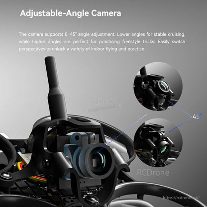 iFlight Defender 12 Analog 1S Tinywhoop FPV, Close-up of iFlight Defender 12 analog 1S tinywhoop showing the adjustable FPV camera mount with 0–45° tilt