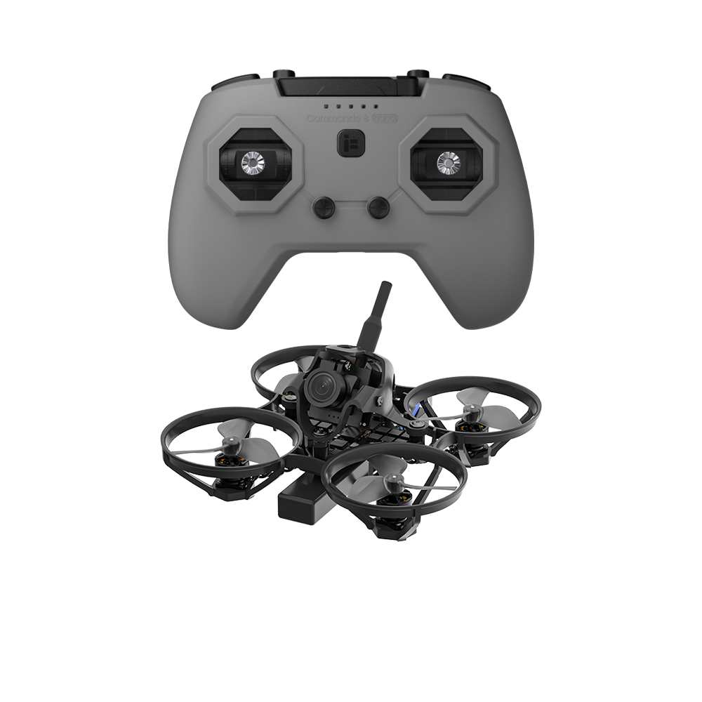 iFlight Defender 12 Analog 1S Tinywhoop FPV, Grey FPV remote controller with iFlight Defender 12 tinywhoop quadcopter featuring ducted prop guards and front camera