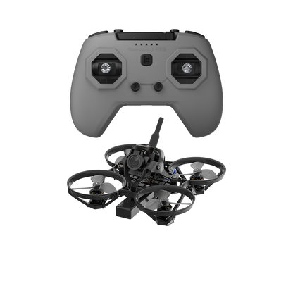 iFlight Defender 12 Analog 1S Tinywhoop FPV, Grey FPV remote controller with iFlight Defender 12 tinywhoop quadcopter featuring ducted prop guards and front camera