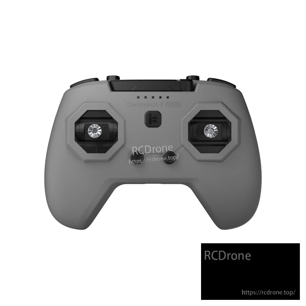 iFlight Defender 12 Analog 1S Tinywhoop FPV, Grey FPV radio controller with dual gimbals, top switches, and front status LEDs (Commando 8 Nano)