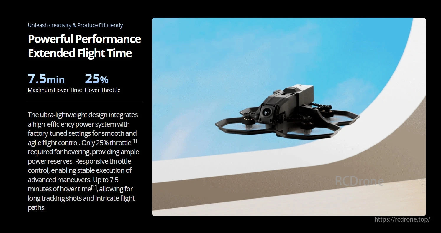 The iFlight Defender 20 Lite O4 Cinewhoop offers efficient flight with a hover time of 7.5 minutes, smooth control, and ample power for creative cinematography.