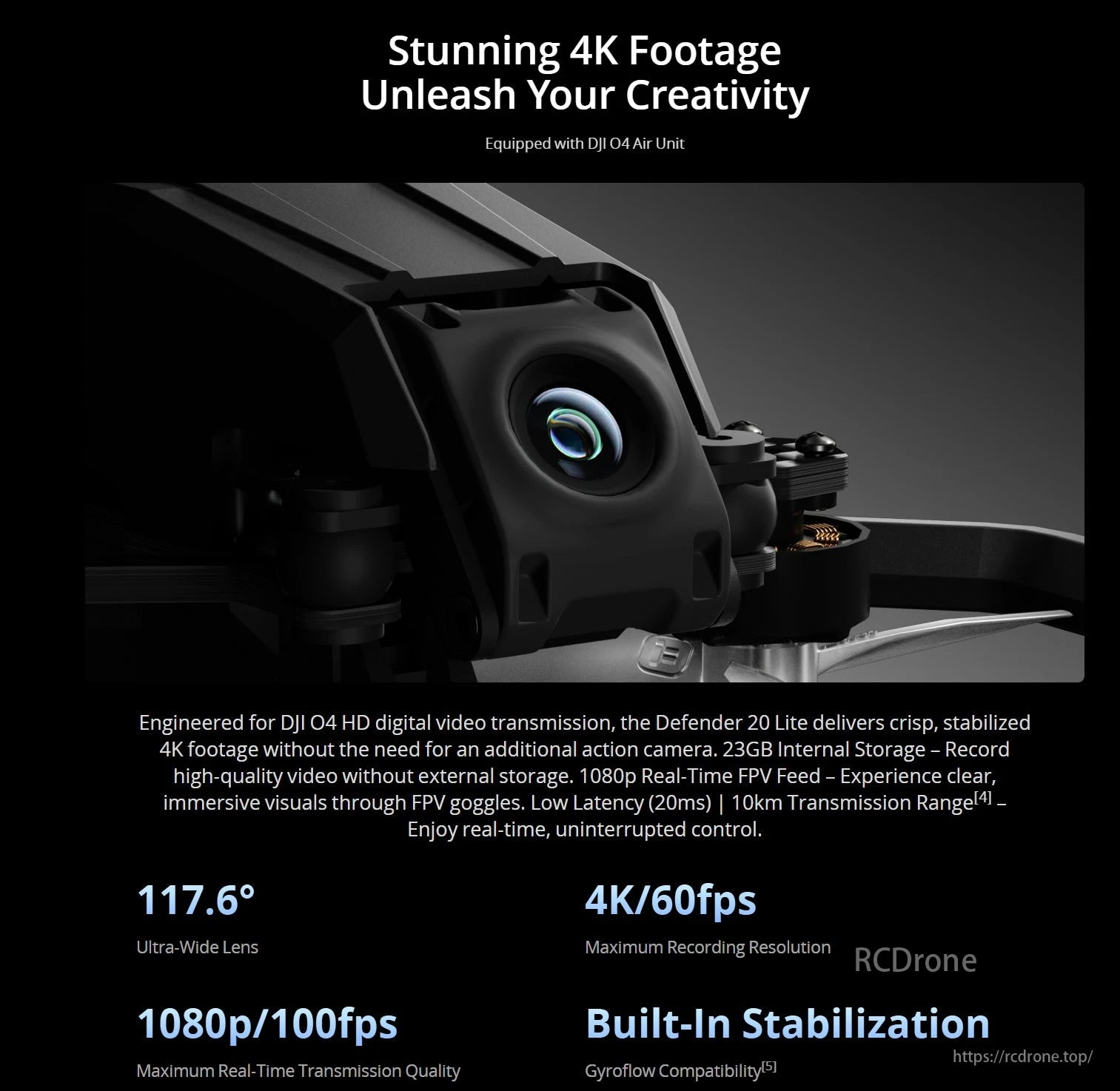 iFlight Defender 20 Lite O4 Cinewhoop provides 4K/60fps, 1080p/100fps, ultra-wide lens, stabilization, and 23GB storage for high-quality video.