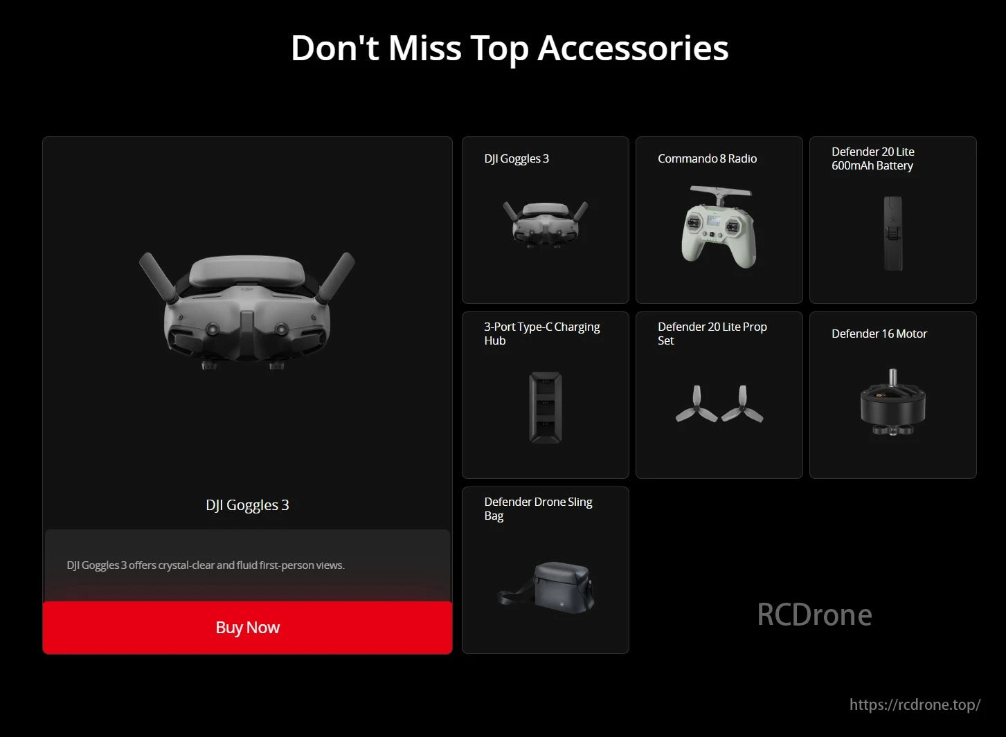iFlight Defender 20 Lite O4 Cinewhoop, Top drone accessories include DJI Goggles 3, Commando 8 Radio, Defender 20 Lite Battery, and more. Get them now!