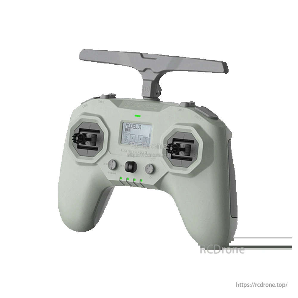 iFlight Defender 25 4S HD FPV, FPV radio transmitter controller with dual gimbals, top antenna, and LCD screen showing MODEL01