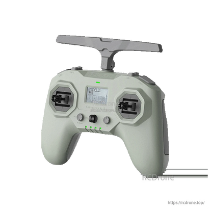 iFlight Defender 25 4S HD FPV, FPV radio transmitter controller with dual gimbals, top antenna, and LCD screen showing MODEL01