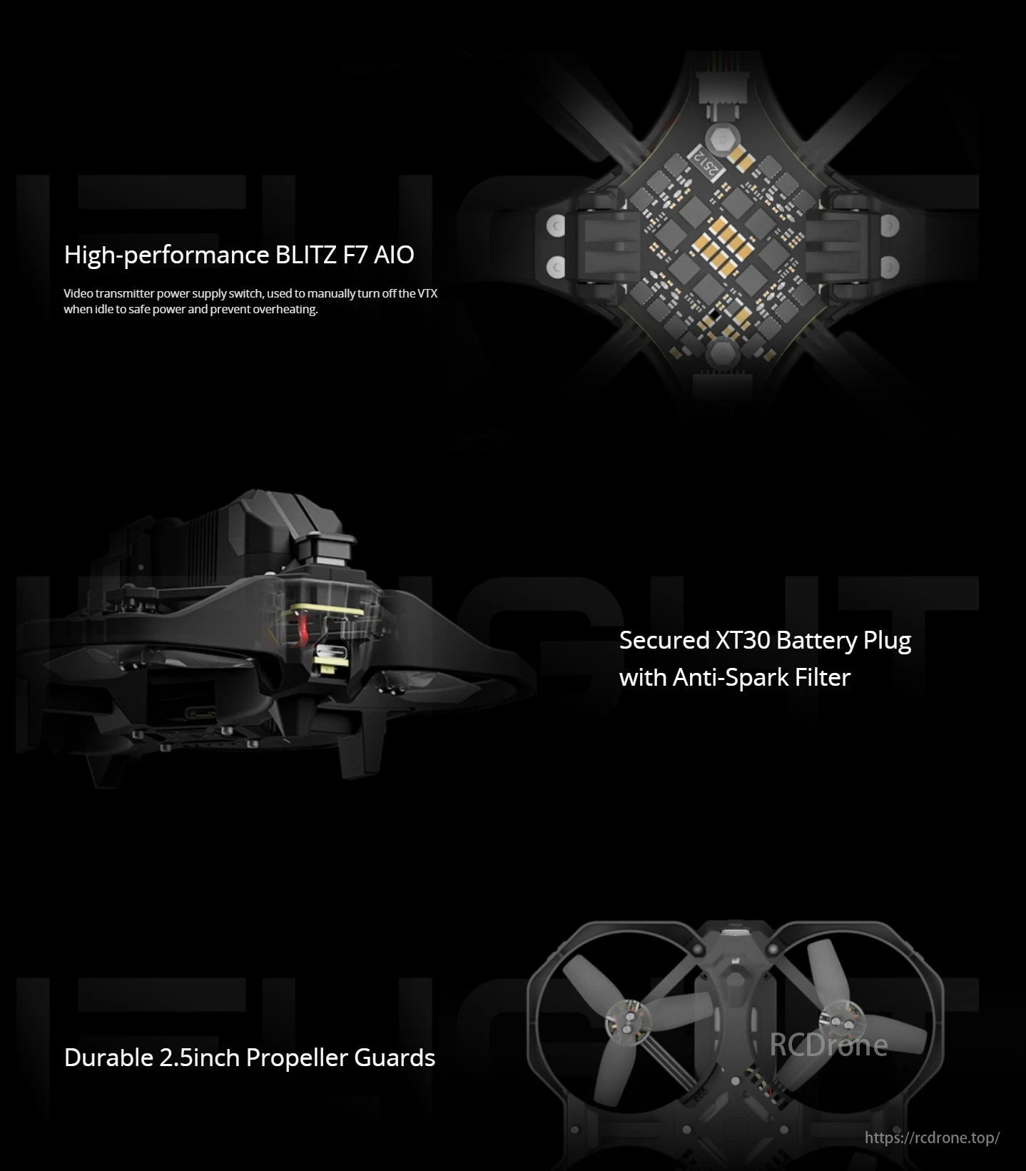 iFlight Defender25 O4 4S HD Sub-249g 2.5 Inch FPV, BLITZ F7 AIO features XT30 plug, anti-spark filter, and 2.5-inch prop guards for iFlight Defender25 O4 4S HD FPV.