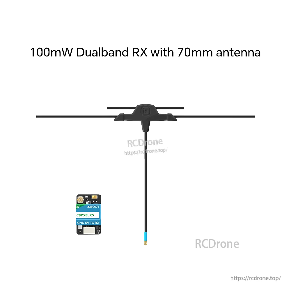 iFlight ExpressLRS 100mW ELRS Dualband Receiver, ExpressLRS dualband receiver board with BOOT button, GND/5V/TX/RX pads, and 70mm T-antenna