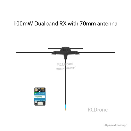 iFlight ExpressLRS 100mW ELRS Dualband Receiver, ExpressLRS dualband receiver board with BOOT button, GND/5V/TX/RX pads, and 70mm T-antenna