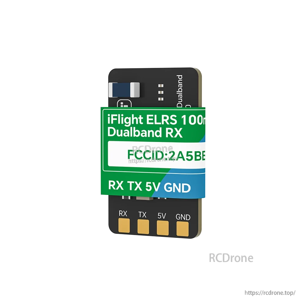 iFlight ExpressLRS 100mW ELRS Dualband Receiver, iFlight ELRS Dualband receiver module with solder pads labeled RX, TX, 5V and GND