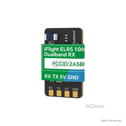 iFlight ExpressLRS 100mW ELRS Dualband Receiver, iFlight ELRS Dualband receiver module with solder pads labeled RX, TX, 5V and GND