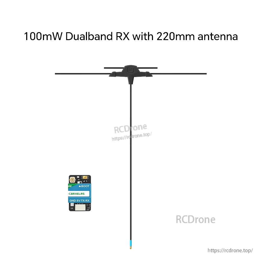 iFlight ExpressLRS 100mW ELRS Dualband Receiver, iFlight ExpressLRS dualband receiver board with BOOT button, GND/5V/TX/RX pads and 220mm T antenna