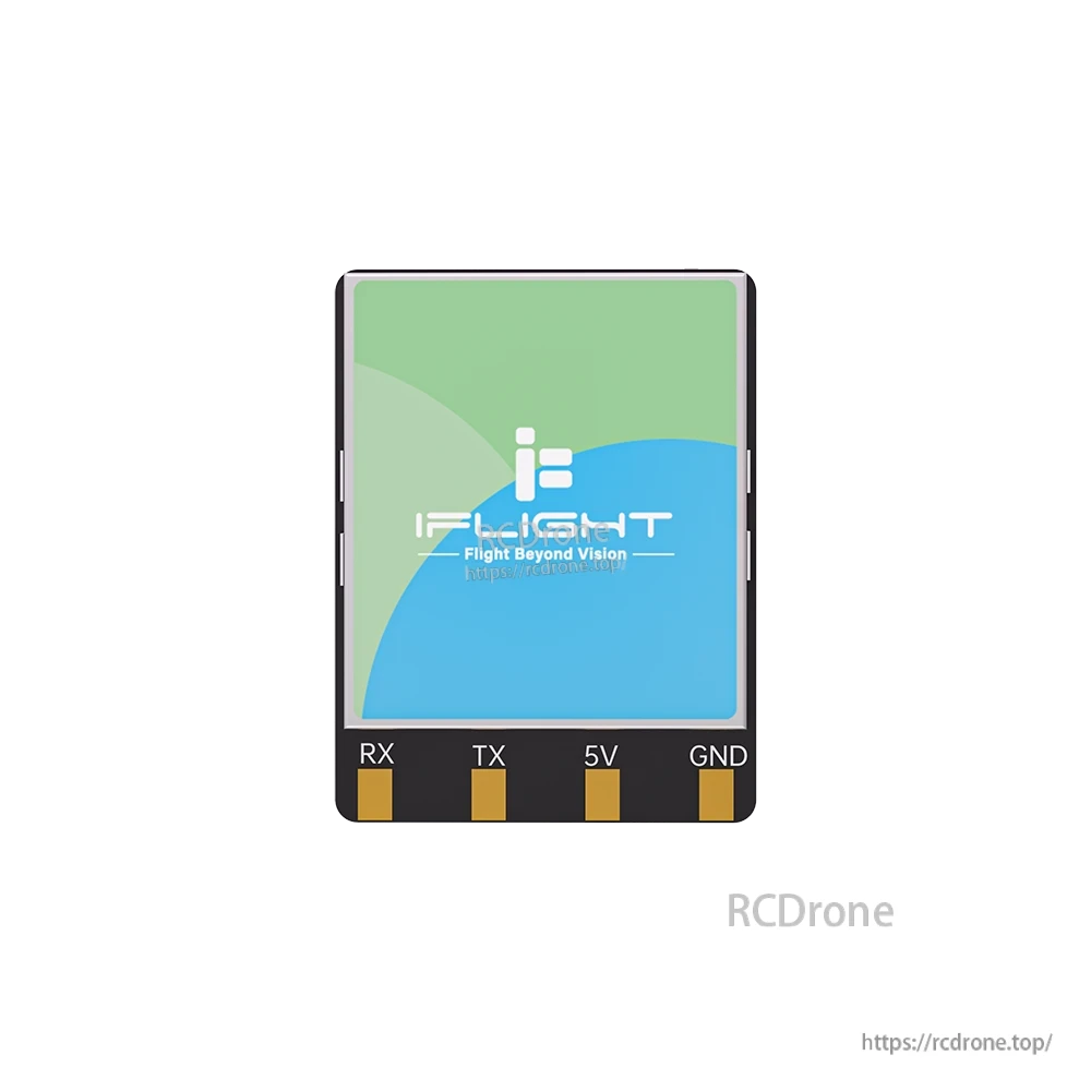 iFlight ExpressLRS 100mW ELRS Dualband Receiver, iFlight ExpressLRS dualband receiver module with solder pads labeled RX, TX, 5V, and GND