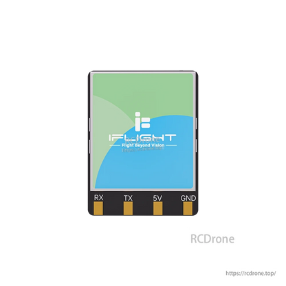 iFlight ExpressLRS 100mW ELRS Dualband Receiver, iFlight ExpressLRS dualband receiver module with solder pads labeled RX, TX, 5V, and GND