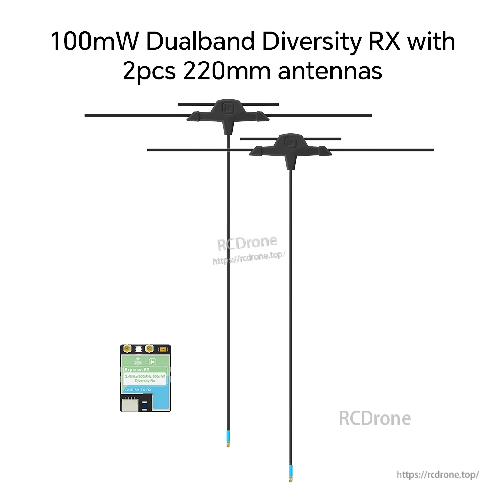 iFlight ExpressLRS 100mW ELRS Dualband Receiver, ExpressLRS 100mW dualband diversity receiver board with two 220mm T antennas and GND/5V/TX/RX pads