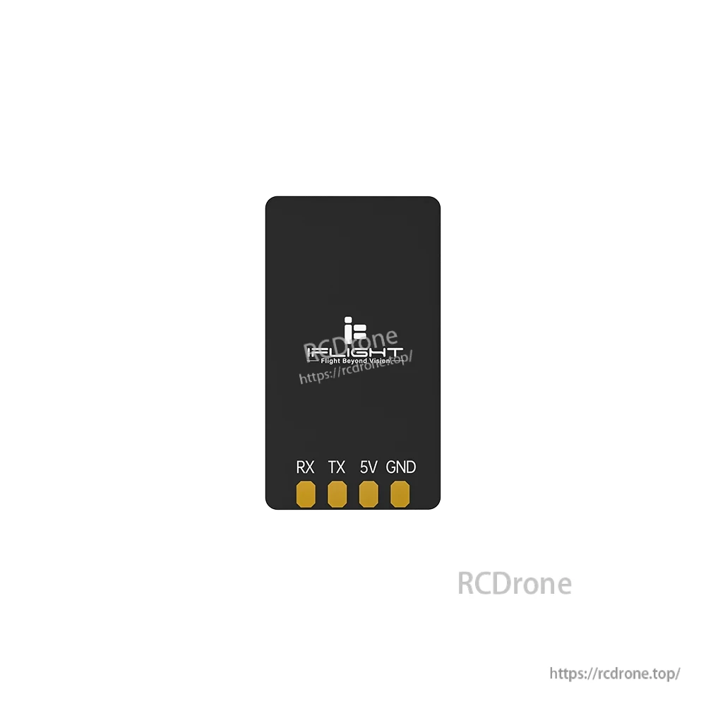 iFlight ExpressLRS 100mW ELRS Dualband Receiver, iFlight ExpressLRS receiver module with RX, TX, 5V and GND solder pads on a compact black board