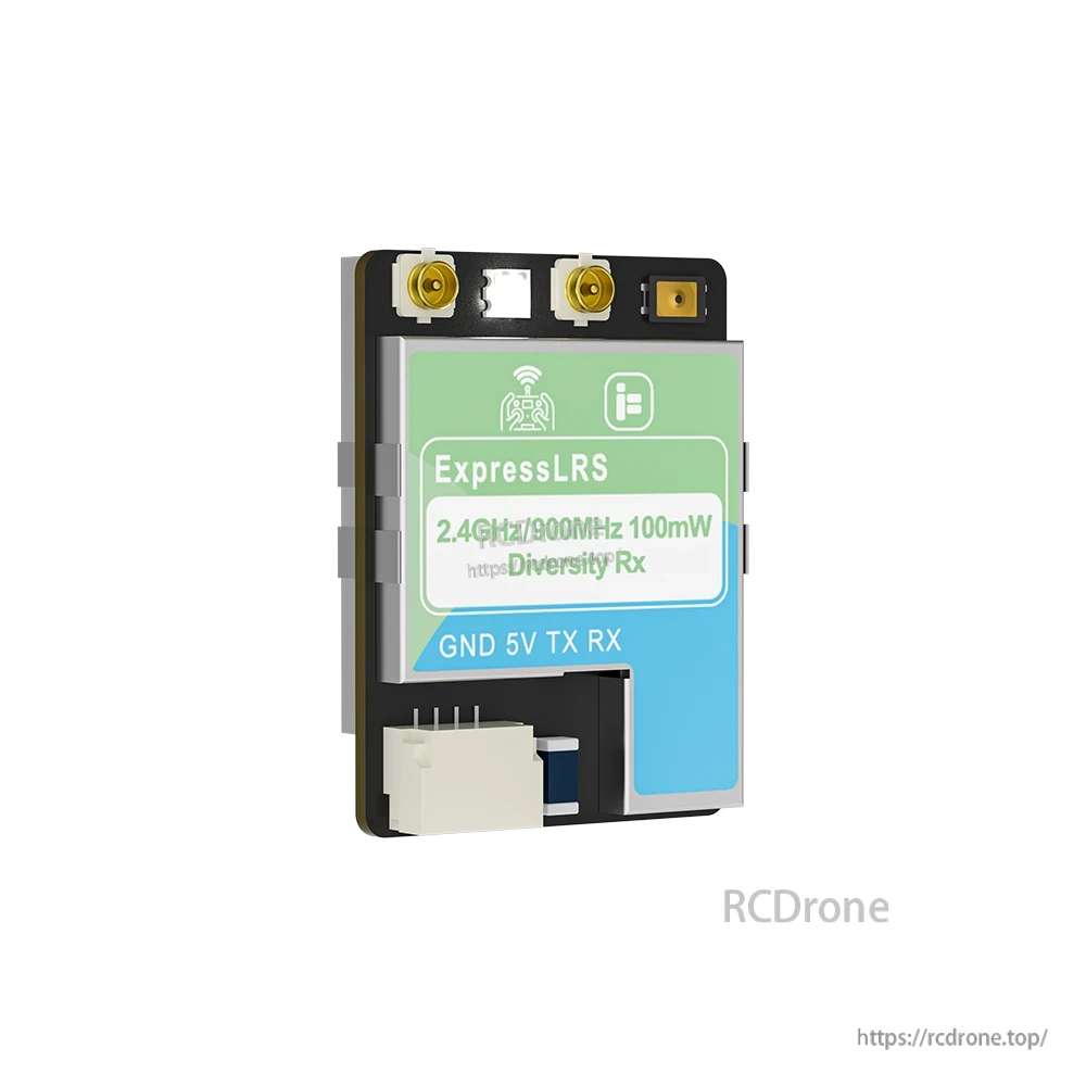 iFlight ExpressLRS 100mW ELRS Dualband Receiver, ExpressLRS dual-band diversity receiver module with two antenna ports and GND/5V/TX/RX labeled connector
