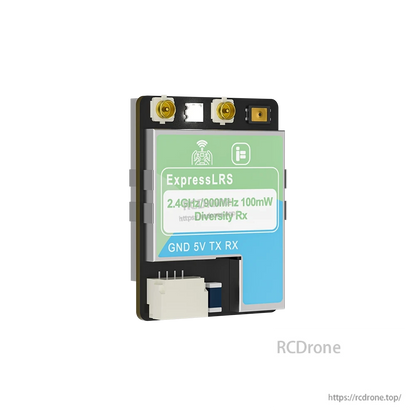 iFlight ExpressLRS 100mW ELRS Dualband Receiver, ExpressLRS dual-band diversity receiver module with two antenna ports and GND/5V/TX/RX labeled connector