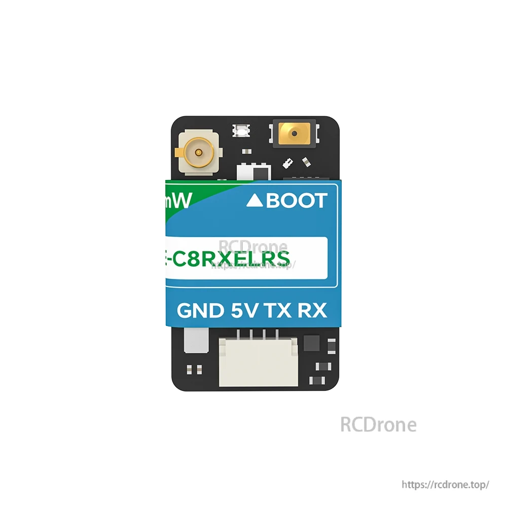 iFlight ExpressLRS 100mW ELRS Dualband Receiver, iFlight ExpressLRS dualband receiver module with BOOT button and labeled GND 5V TX RX connection pads