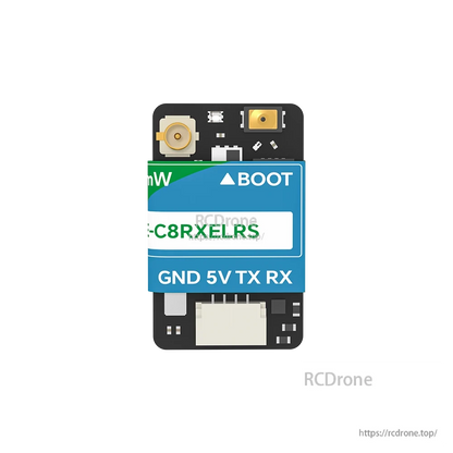 iFlight ExpressLRS 100mW ELRS Dualband Receiver, iFlight ExpressLRS dualband receiver module with BOOT button and labeled GND 5V TX RX connection pads