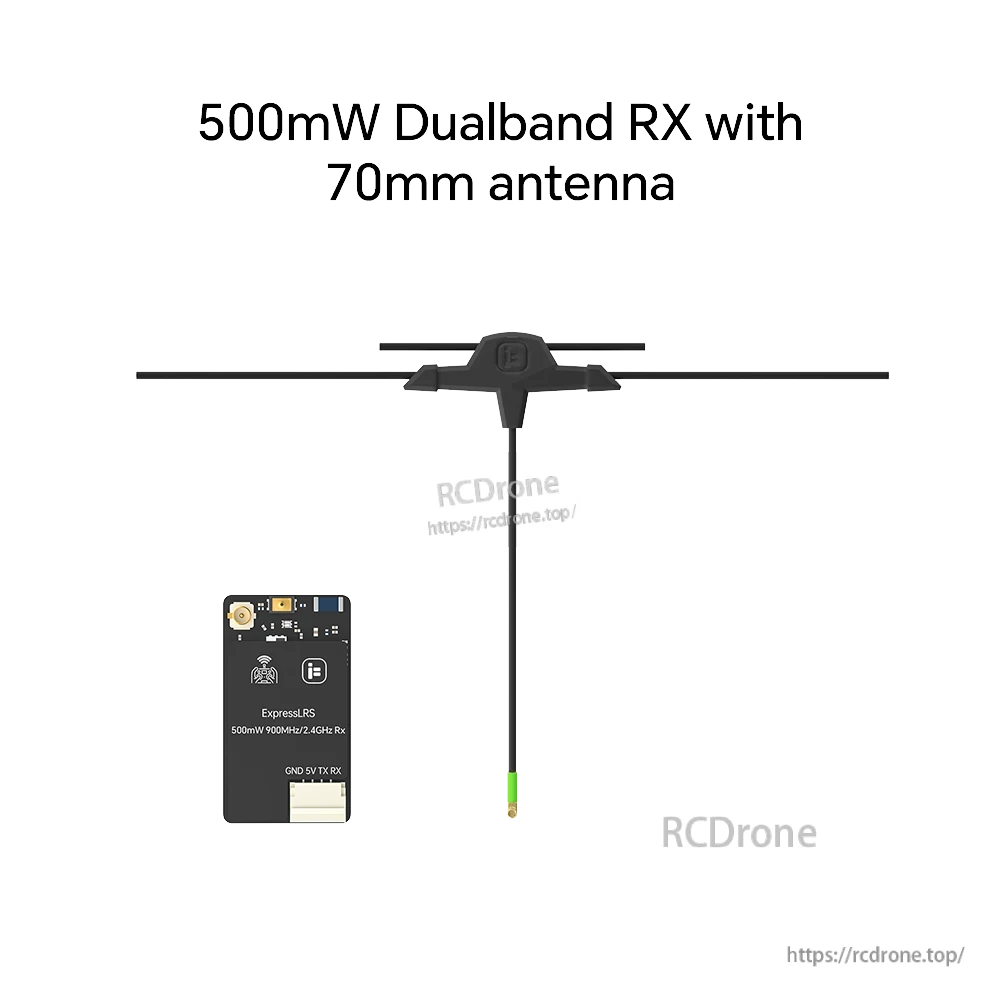 iFlight ExpressLRS 100mW ELRS Dualband Receiver, ExpressLRS dualband receiver board with 4-pin GND/5V/TX/RX connector and 70mm T antenna