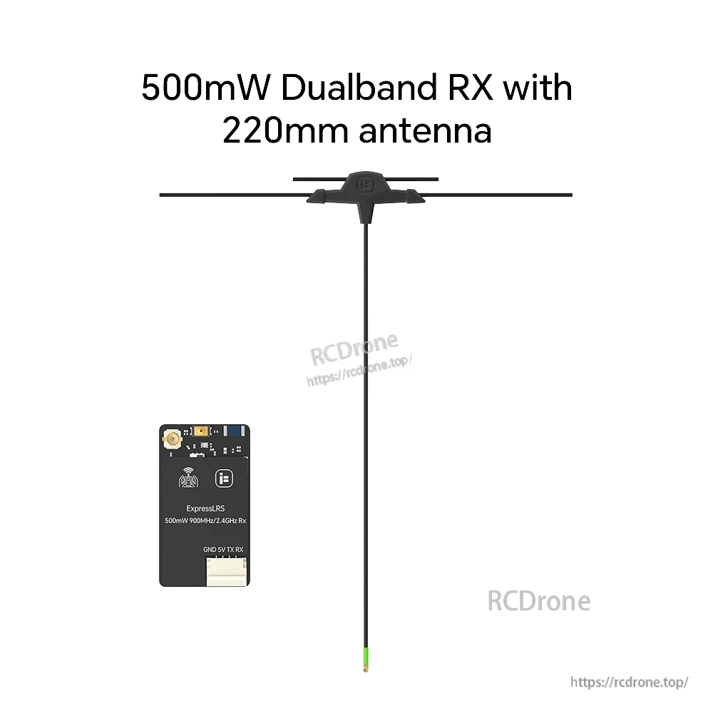 iFlight ExpressLRS 100mW ELRS Dualband Receiver, ExpressLRS dualband receiver board with 220mm antenna, labeled 500mW 900MHz/2.4GHz and GND 5V TX RX pins