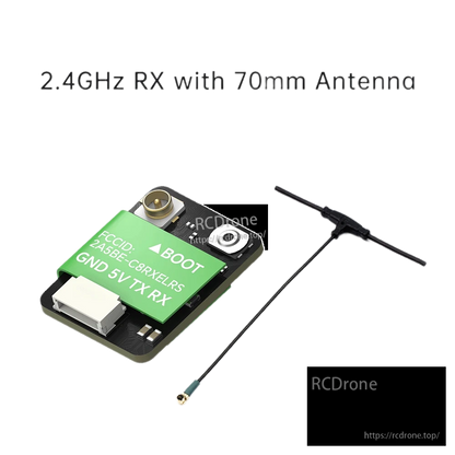 iFlight ExpressLRS ELRS Nano Receiver, iFlight ExpressLRS 2.4GHz nano receiver board with BOOT button, GND/5V/TX/RX plug, and 70mm antenna