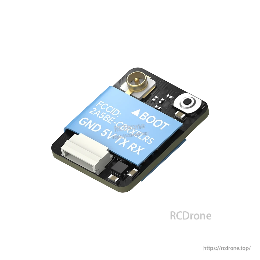 iFlight ExpressLRS ELRS nano receiver board with BOOT button, GND/5V/TX/RX labels, and antenna connector