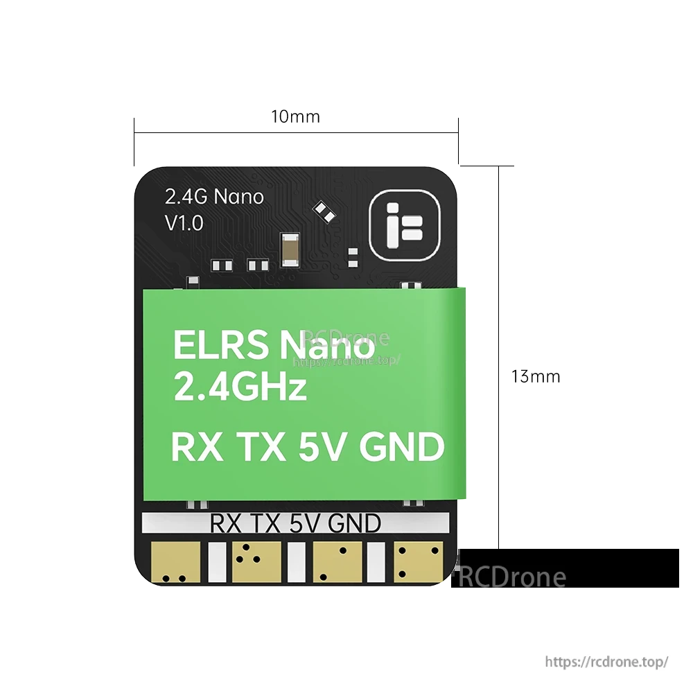 iFlight ExpressLRS ELRS Nano Receiver, iFlight ExpressLRS ELRS Nano 2.4GHz receiver board with solder pads labeled RX, TX, 5V and GND