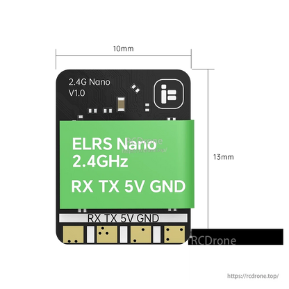 iFlight ExpressLRS ELRS Nano Receiver, iFlight ExpressLRS ELRS Nano 2.4GHz receiver board with solder pads labeled RX, TX, 5V and GND